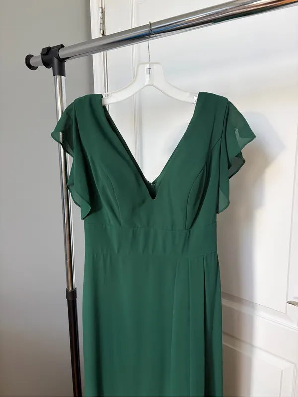 David's Bridal Juniper Green V-Neck Flutter Sleeve Bridesmaid Dress - Image 4