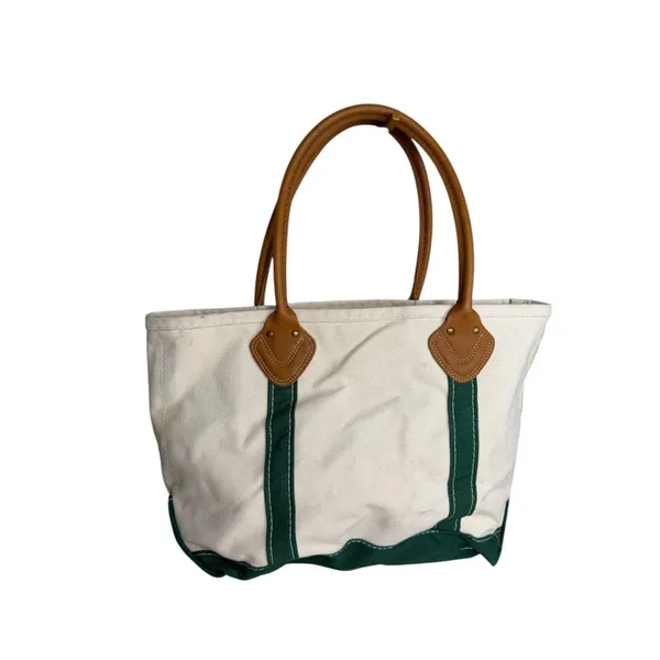 L.L. Bean Vintage 1980s Boat and Tote Canvas Cream Green Leather Handles – READ - Image 6