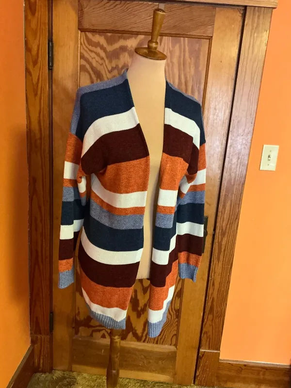 Boho Striped Long Cardigan Duster Cozy Fall Layer Rust Blue XL ECOWISH - Image 7