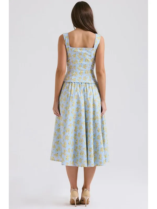House of CB Cora Gathered Lace-Up Cotton Midi Skirt Soft Blue Vintage Floral - Image 6