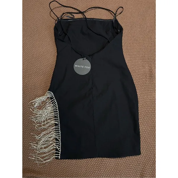 White Fox Black Rhinestone Fringe Mini Dress | Size Medium - Image 5