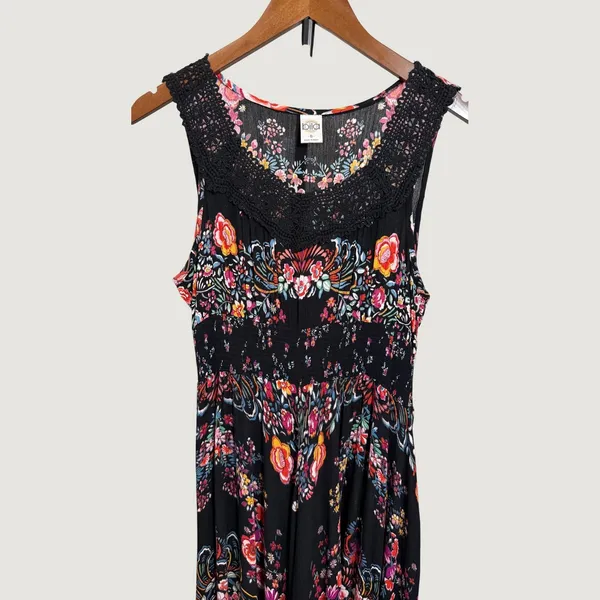 Bila Black Floral Paisley Crochet Lace Smocked Waist Maxi Dress Small YQ023 - Image 4