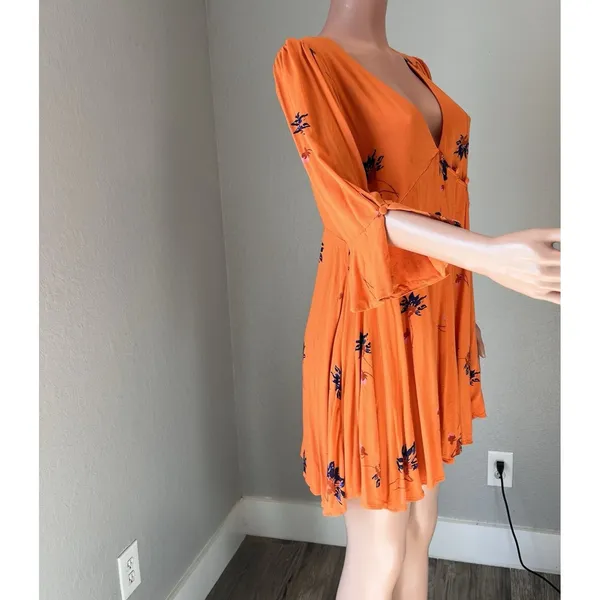 Free People Mini Dress Surplice Wrap Floral Boho Hippie Peasant Orange Bell Sz M - Image 11