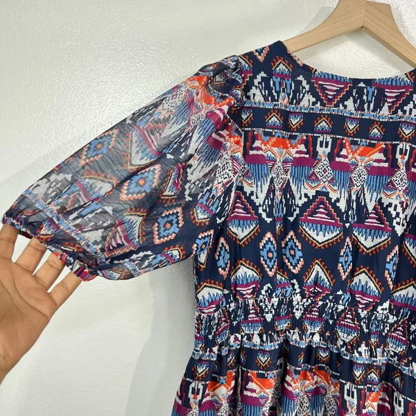 Old Navy Boho‎ Tiered Midi Dress Geometric Print Puff Sleeve Smocked Waist Lined - Image 8