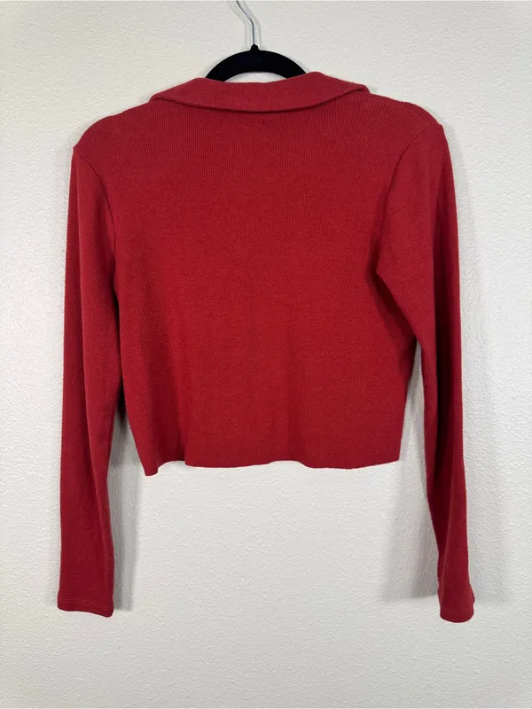 Madewell Red Ribbed Copped Henley Sweater Womens XS Casual Fall Long Sleeve - Image 2