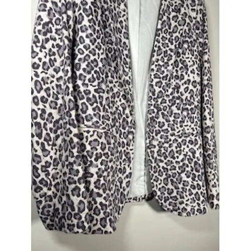 RACHEL ZOE Blazer‎ Large Grey Leopard Print Linen Blend Open Front Chic Career - Image 3