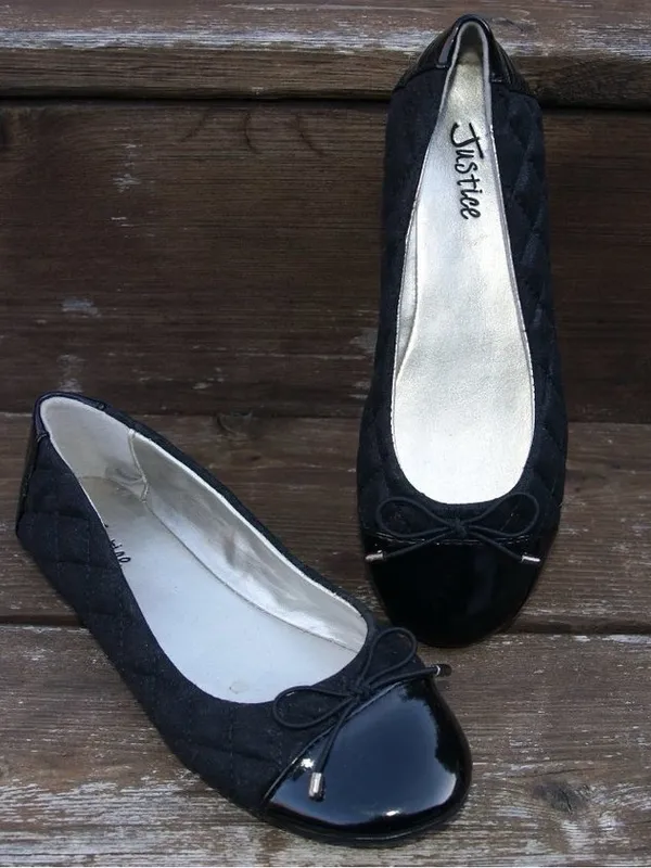 Justice Black Quilted Ballet Flats Patent Toe Bow Slip On Shoes Size 8 - Image 3