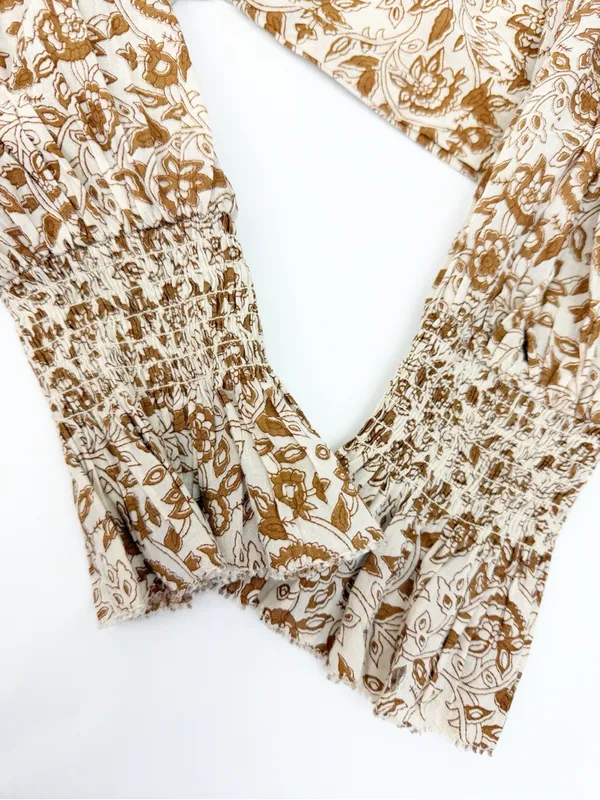 Cleobella Reza Blouse Peasant Tamil Block Print Floral Cotton Boho Brown Ivory - Image 8