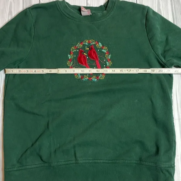 Y2K Vintage Granny Style Cardinal Christmas Sweatshirt Green Large - Image 5