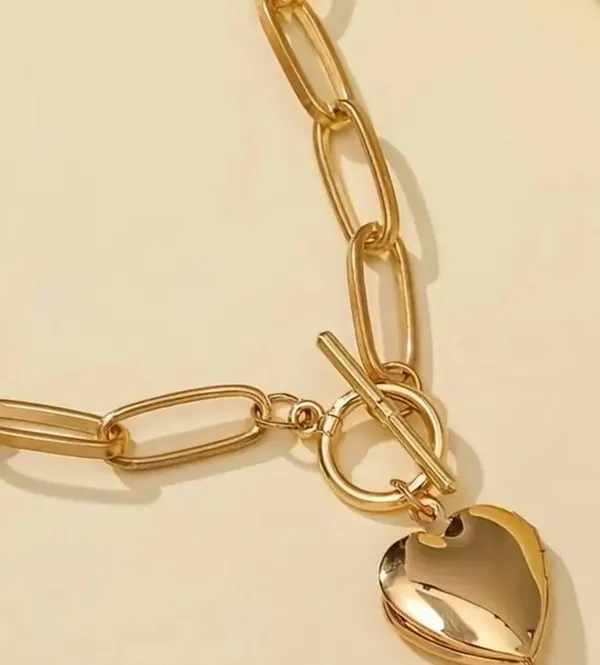 Golden Heart Pendant Chunky Chain Necklace, Alloy Gold Tone - Image 5
