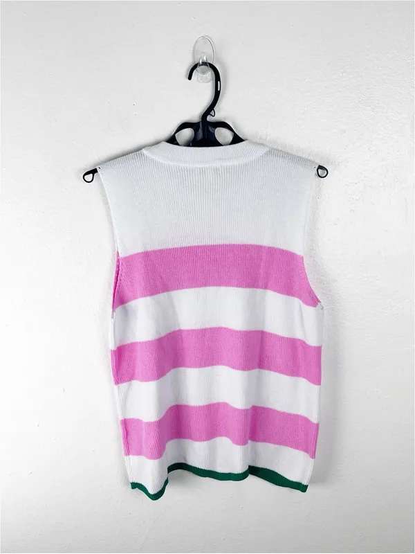 CROWN & IVY Pink White Striped Cap Sleeves V-Neck Sweater Vest XL Preppy Tennis - Image 2