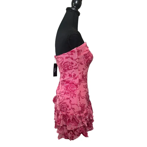 Lulus Pink Floral Sequin Strapless Tiered Ruffle Mini Dress XS NWT Homecoming - Image 4