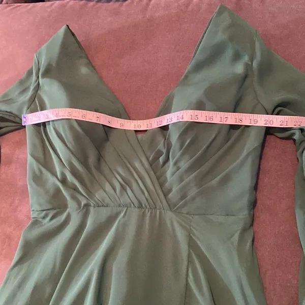 Women’s Green Chiffon Full Length Long Sleeve Dress Corset Back Leg Slit Size 12 - Image 11