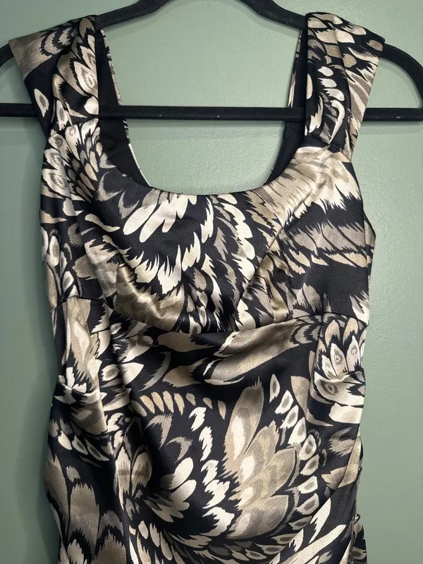 London Times Womens 6 Midi Dress Ruched Draped Abstract Feather Cocktail Y2K - Image 2