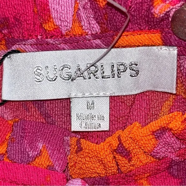 Sugarlips Flirty Floral Split Neck Blouse Top Womens Size Medium Orange Pink NEW - Image 4