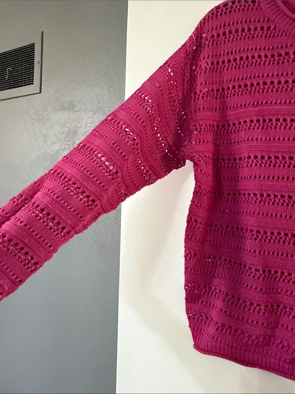 Staccato Openwork Crewneck Sweater in Fuchsia Pink - Image 3