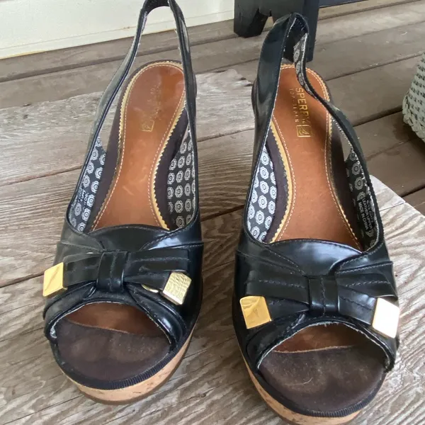SPERRY TOPSIDER SOUTHAMPTON patent leather cork wedge slingback front bow shoes - Image 2
