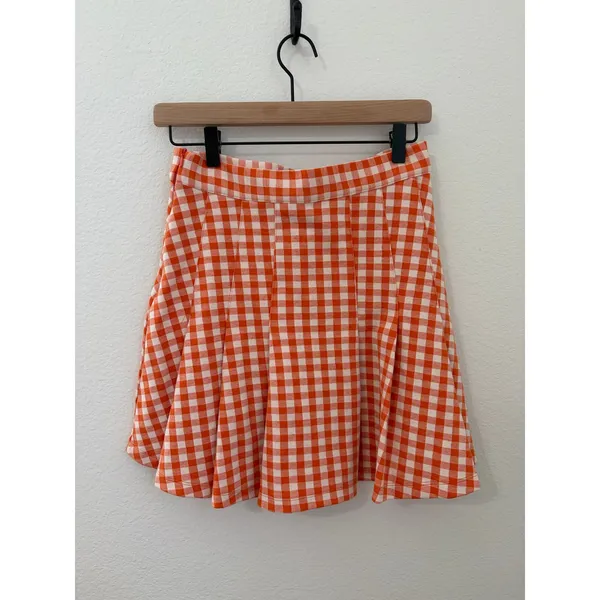 Free People Size 4 Honey Pleated Skirt Pleated Orange Gingham Preppy Picnic Fall - Image 7