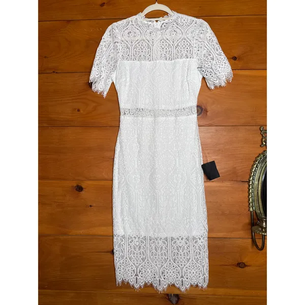NWT Lulus Remarkable White Sheer Lace Short Sleeve Midi Dress Sheath Classy Sz S - Image 2