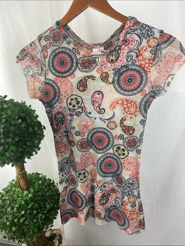 Sweet Pea Tan Black Orange Print Short Sleeve Nylon Tee T Shirt Top L - Image 2