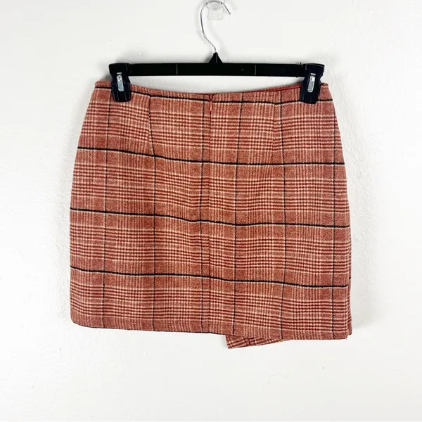 GIANNI BINI Burnt Orange Wool Blend Faux Wrap Asymmetric Hem Skirt Large Preppy - Image 2