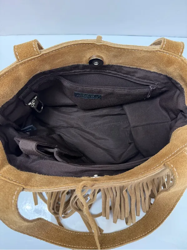 Suede Leather Fringe Shoulder Bag Tan - Image 5