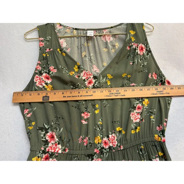 Old Navy Olive Green Floral Sleeveless V-Neck Elastic Waist A-Line Dress Large - Image 6