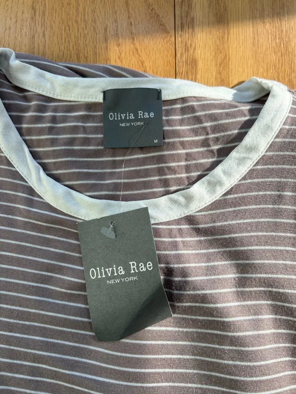 NWT Olivia Rae Maxi Dress Medium‎ Brown White Striped Side Slit Short Sleeve - Image 5