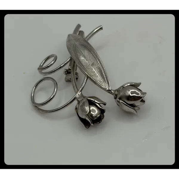 Tulip Flower Brooch Women Silver Tone Textured Leaf Floral Pin‎ - Image 2
