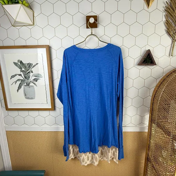 We The Free Blue Long Sleeve Scoop-Neck Lace Hem Midi Tunic - Size - Medium - Image 3