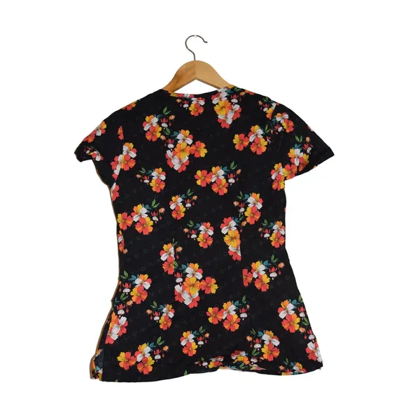 Dickies Scrub Top Women Small Black Floral V-Neck Short Sleeve Front‎ Pockets - Image 3