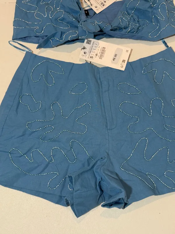 Zara Blue Embroidered Halter Crop Top & Shorts Set - Image 2
