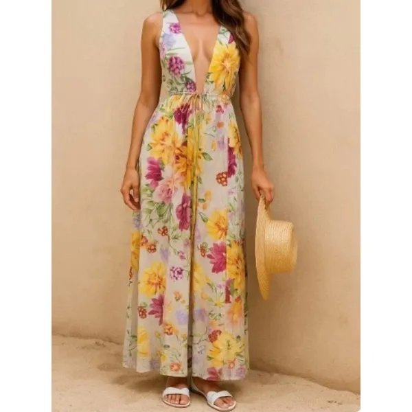 H&M Brown Purple&Pink Floral Deep V Linen&Cotton Maxi Dress Sz.M - Image 3