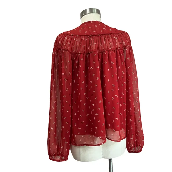 Old Navy Tie Front Red Floral Chiffon Long Sleeve Boho Blouse Sz‎ L - Image 3