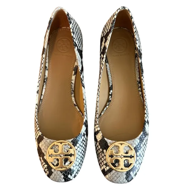 Tory Burch Chelsea Snake Embossed Ballet Flats Gold Logo Block Heel Size 7.5 - Image 2