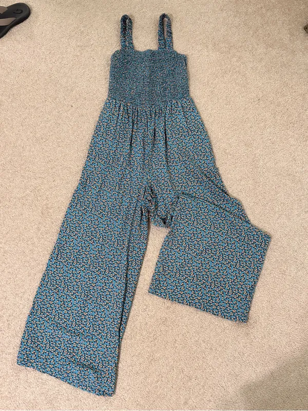 Boho Smocked Wide Leg Jumpsuit Teal Floral Palazzo‎ Romper Small Cottagecore - Image 2