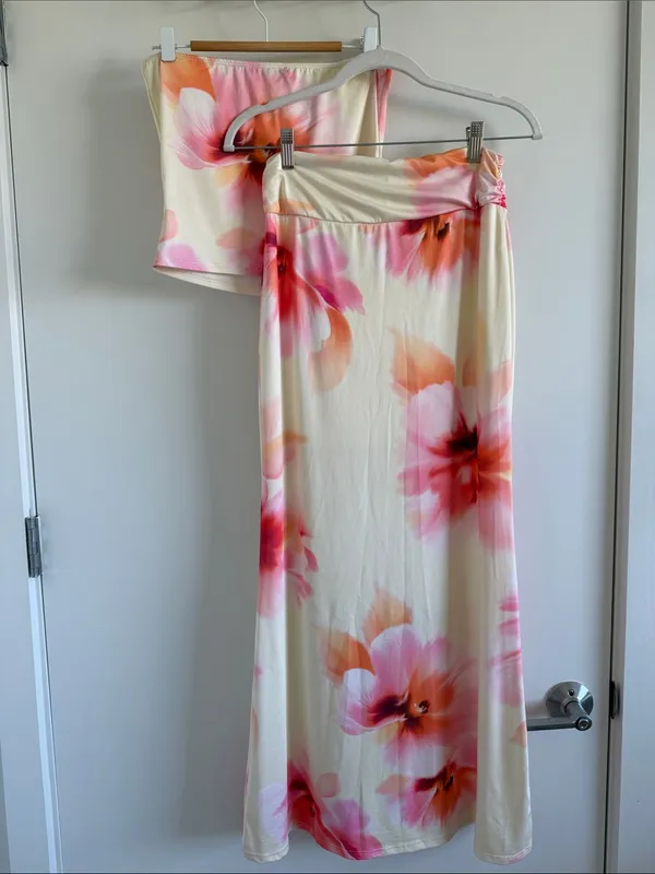 Blue Blush Floral Cream Two-Piece Skirt Set with Pink & Coral Blooms - Image 4