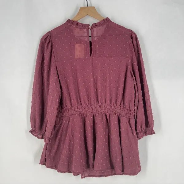 Monteau Purple Sheer Swiss Dot Ruffle Neck 3/4 Sleeve Peplum Blouse NWT‎ XL - Image 8