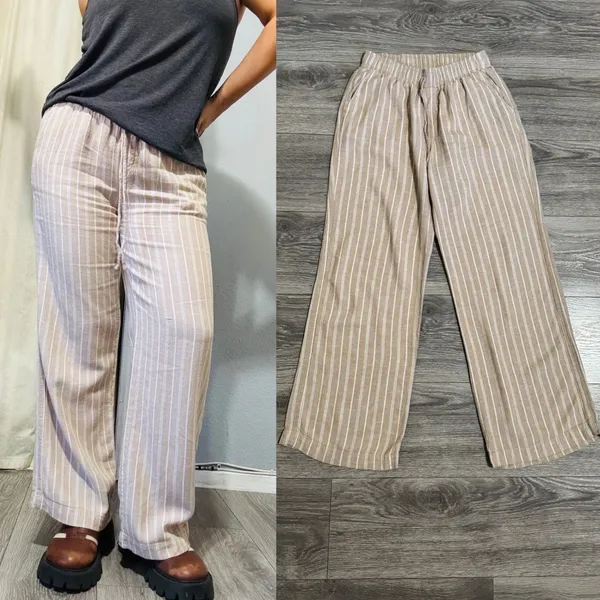 Briggs Womens Small Pants‎ Tan White Striped Wide Leg Linen Blend Elastic Waist - Image 2
