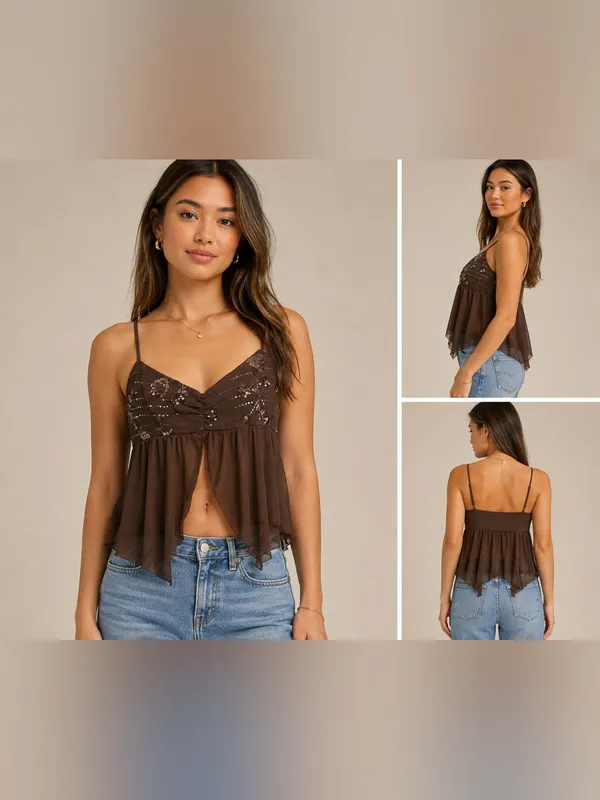 Mixed Threads Los Angeles XL Brown Sequin Embellished Sheer Babydoll Cami TopNWT - Image 2
