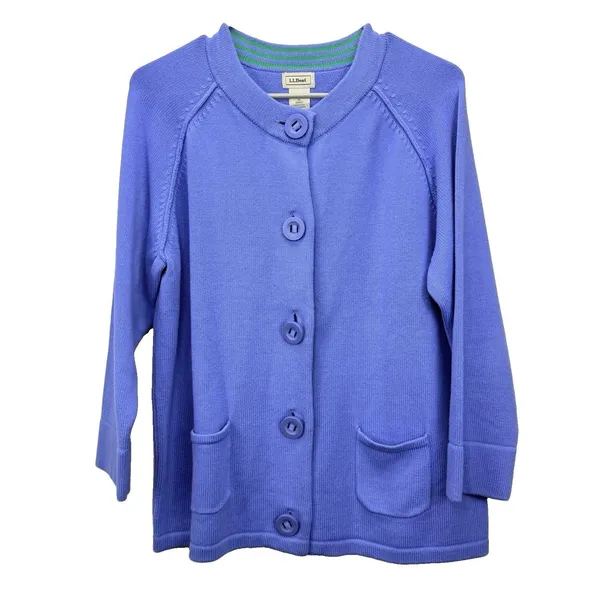 L.L.Bean Periwinkle Blue Button Front Retro Cotton Cardigan Sweater Pockets XL - Image 2