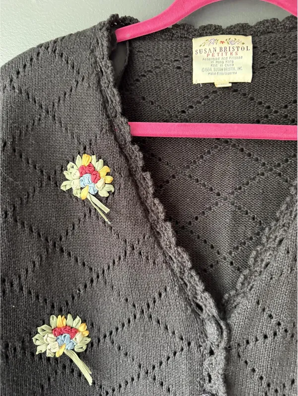 Susan Bristol Petites Hand Embroidered Black Knit Cardigan Sweater Medium - Image 4