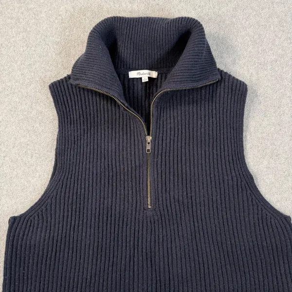 Madewell Half-Zip Sweater Vest Women's Large Navy Blue Knit Wool Blend - Image 4