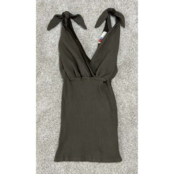 Free People FP Beach Rodeo Ribbed Wrap Mini Dress Bodycon Olive Green Size M - Image 2