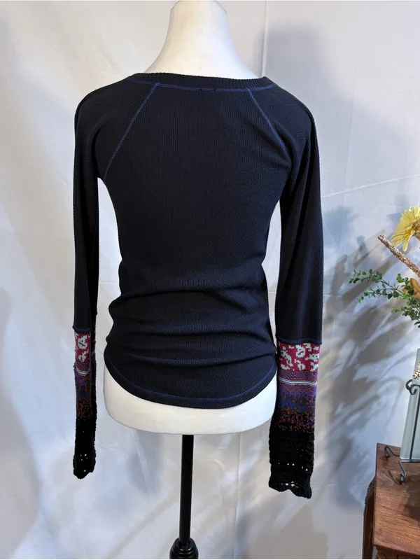Free People Mixed Up Cuff Thermal Top Waffle Knit Boho Pattern Knit Cuff Sz S🧡 - Image 6