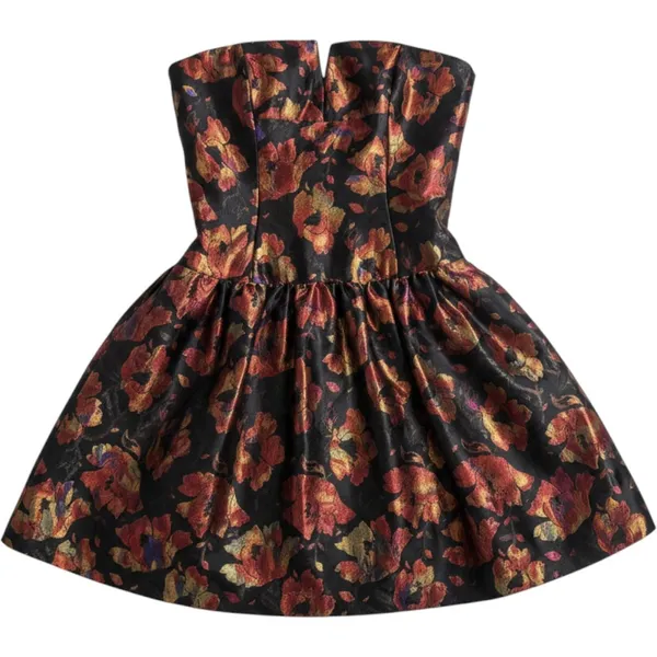David Meister Vintage Floral Brocade‎ Strapless Mini Dress Black Multi Size 8 - Image 2
