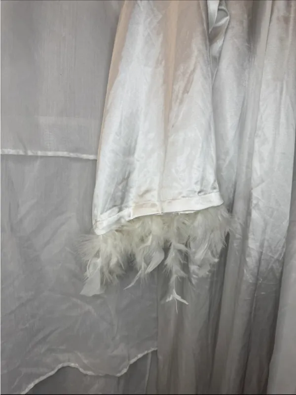Night Satin Feather Trim Robe White Size 14 - Image 5