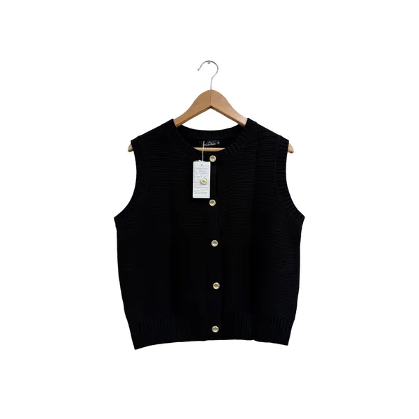 Trendy Queen Black Knit Button Down Sweater Vest Gold Buttons Preppy Medium - Image 2