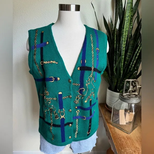 Vintage Equestrian Sweater Vest Green Gold Chain Print Horse Bit Buttons M‎ - Image 6