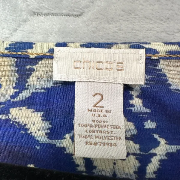 Chicos Women Sheer Blouse Blue Gold Ikat Boho Flowy Top Sz 2 US L Resort Coastal - Image 4